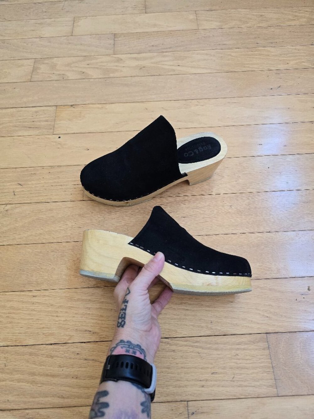 Rag & Co | Darcie Black Suede Retro Platform Wooden Mules Clogs | WMS 7